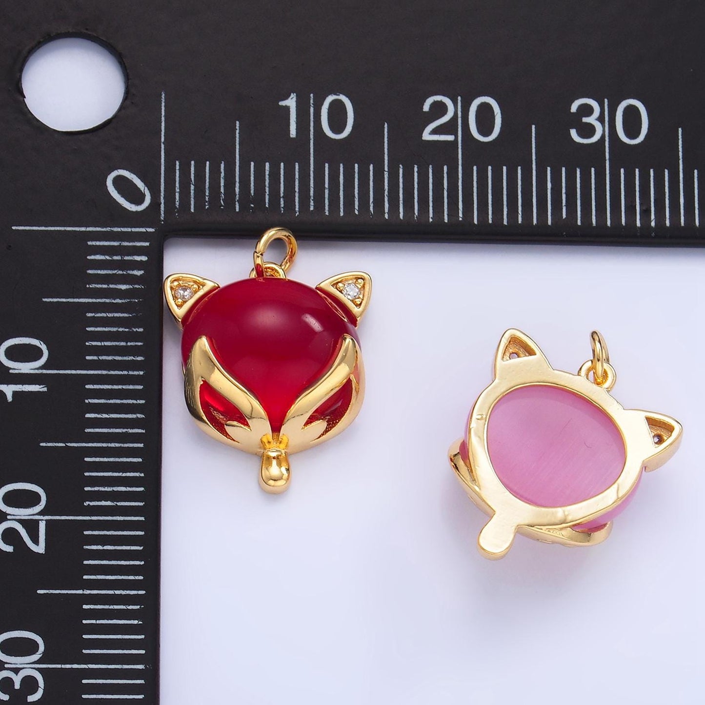 CZ Micro Paved Red, Pink Cats Eye Gemstone 24K Gold Filled Cat Animal Charm | W-108
