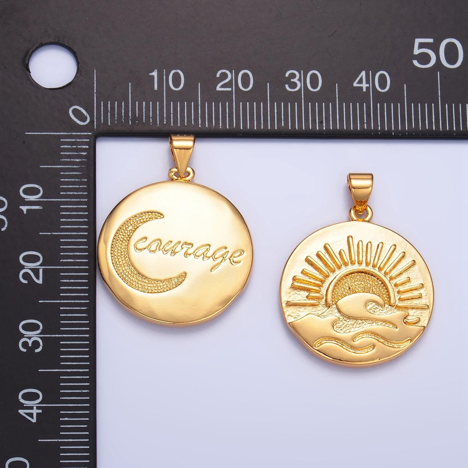 Crescent Moon "Courage" Scripted Word & Sunrise 24K Gold Filled Double Sided Pendant | AA-1033