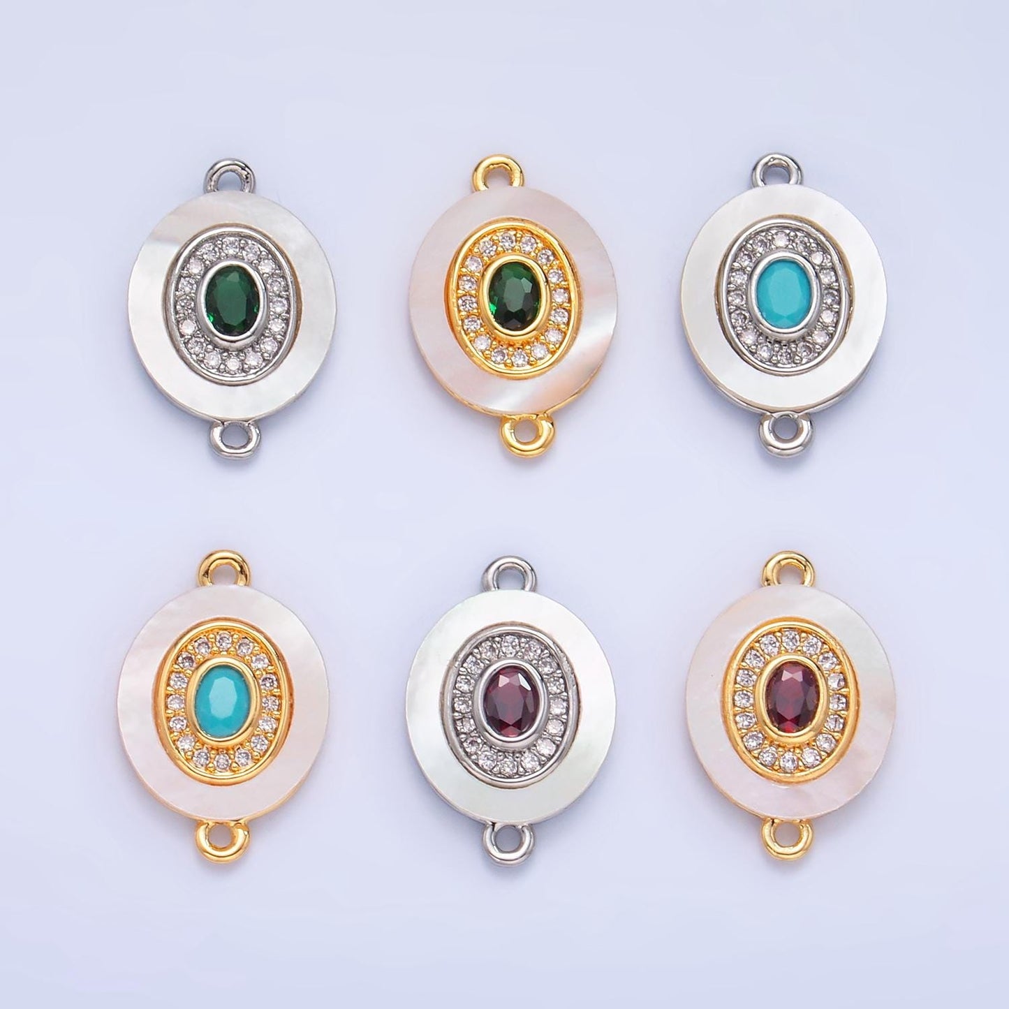 Colorful CZ Evil Eye Freshwater Pearl Gold Bezel Connector, Evil Eye Oval Shaped Gold Filled Double Bail Link Connector | F823