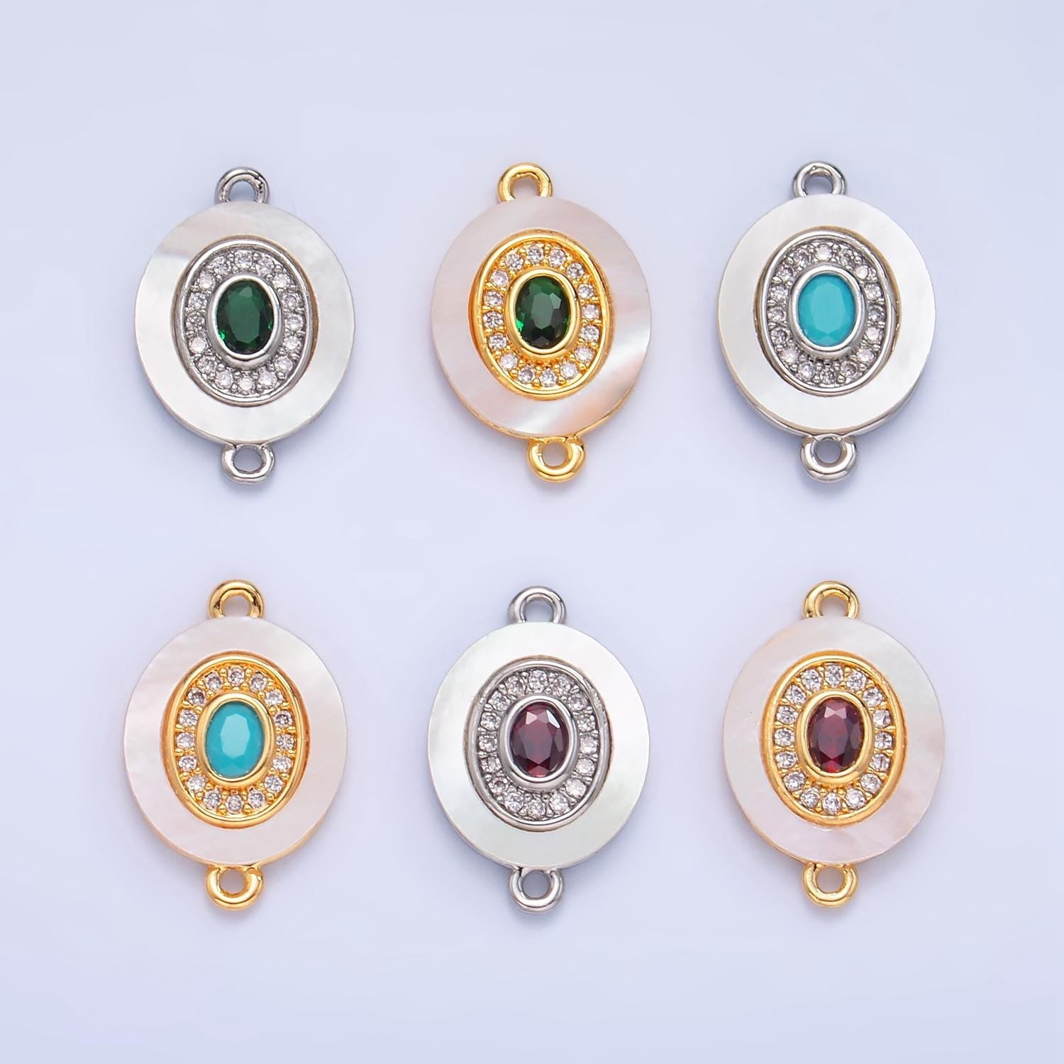 Colorful CZ Evil Eye Freshwater Pearl Gold Bezel Connector, Evil Eye Oval Shaped Gold Filled Double Bail Link Connector | F823