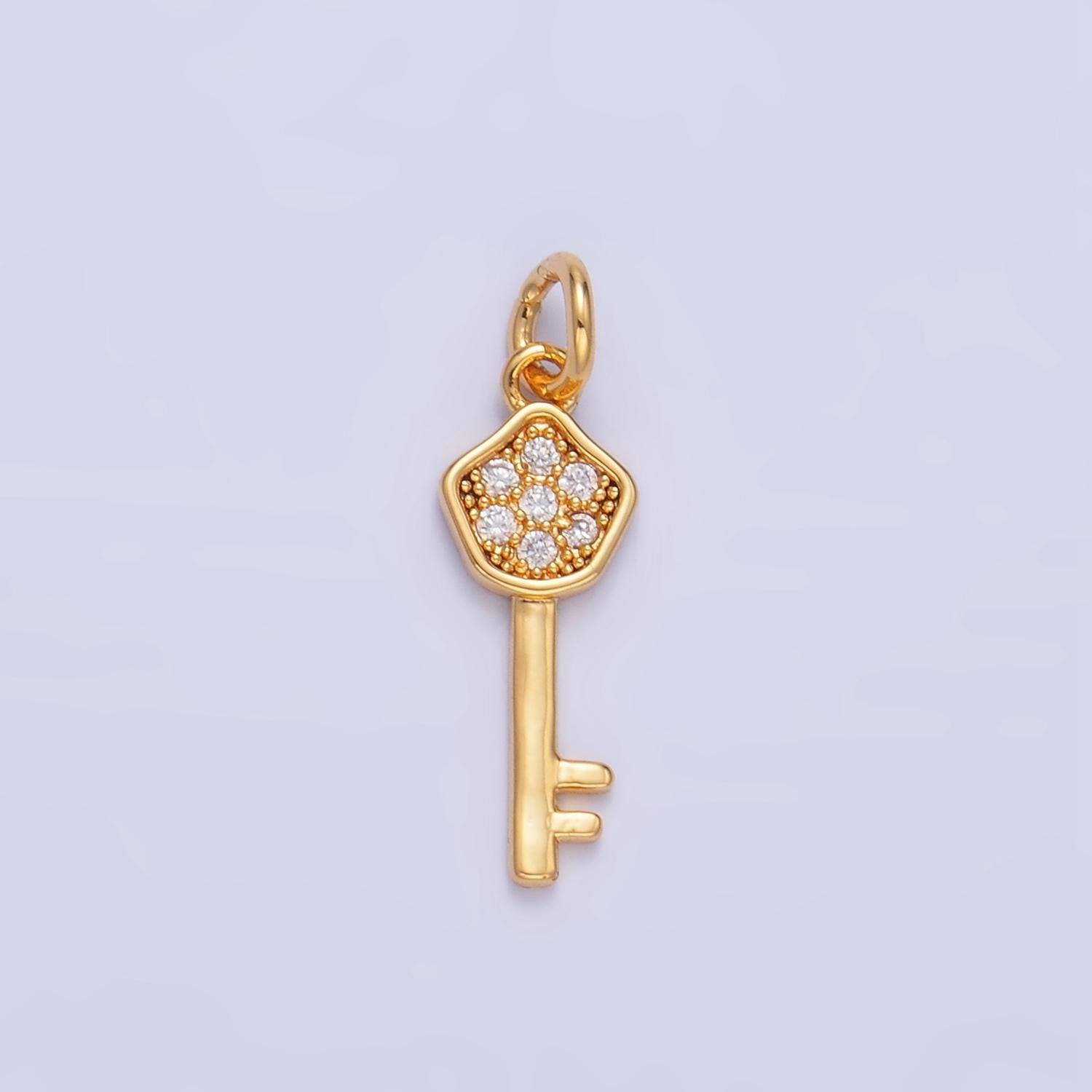 24K Gold Filled clear CZ Lock Key Charm Silver Key Mini Charm | W135