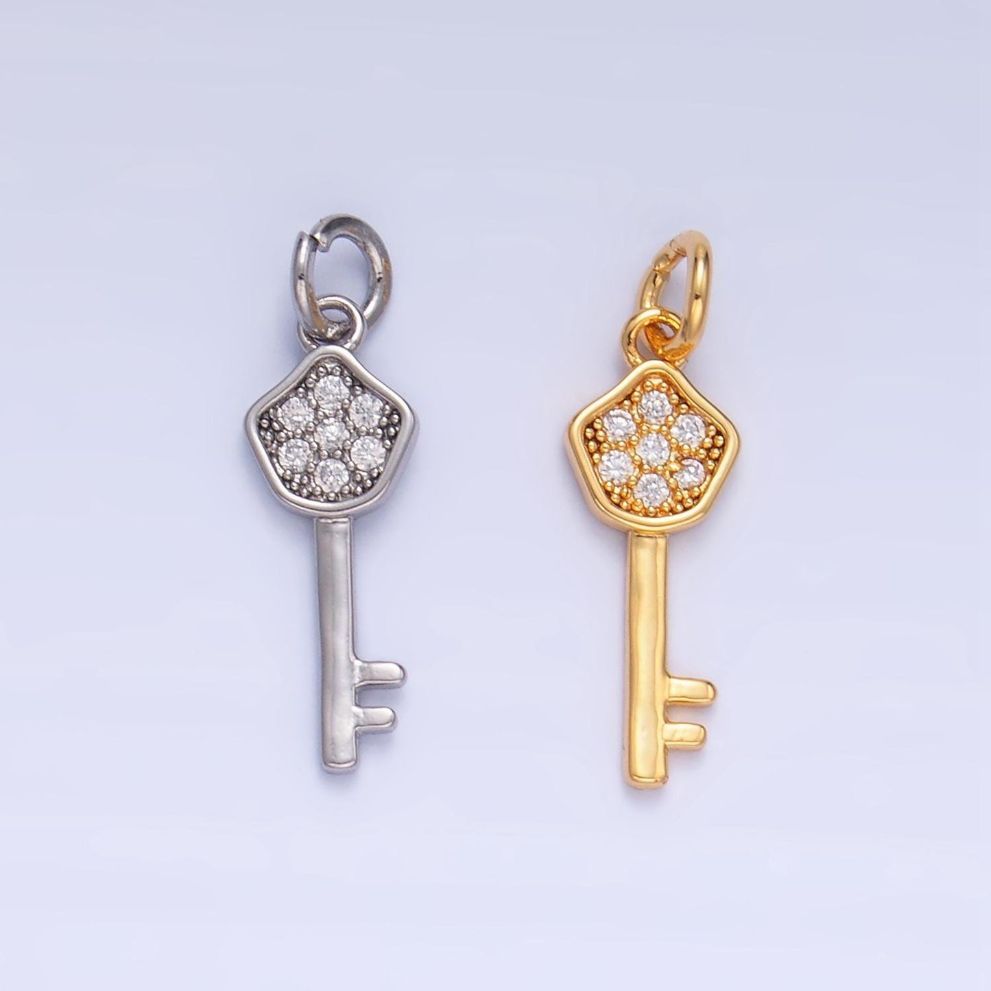 24K Gold Filled clear CZ Lock Key Charm Silver Key Mini Charm | W135