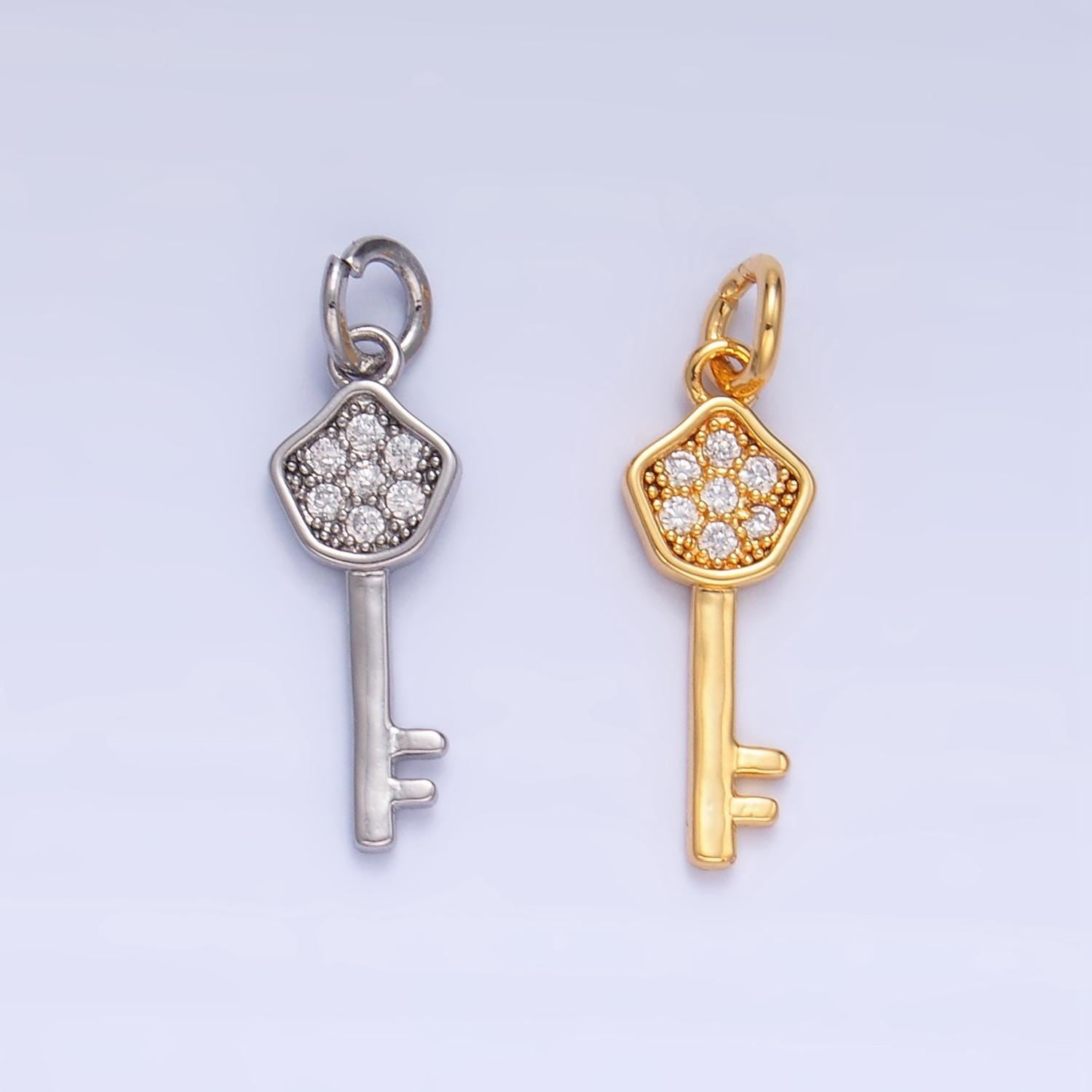 24K Gold Filled clear CZ Lock Key Charm Silver Key Mini Charm | W135