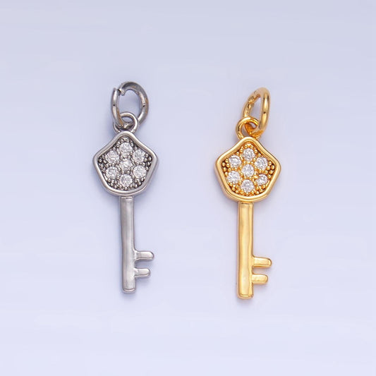 24K Gold Filled clear CZ Lock Key Charm Silver Key Mini Charm | W135