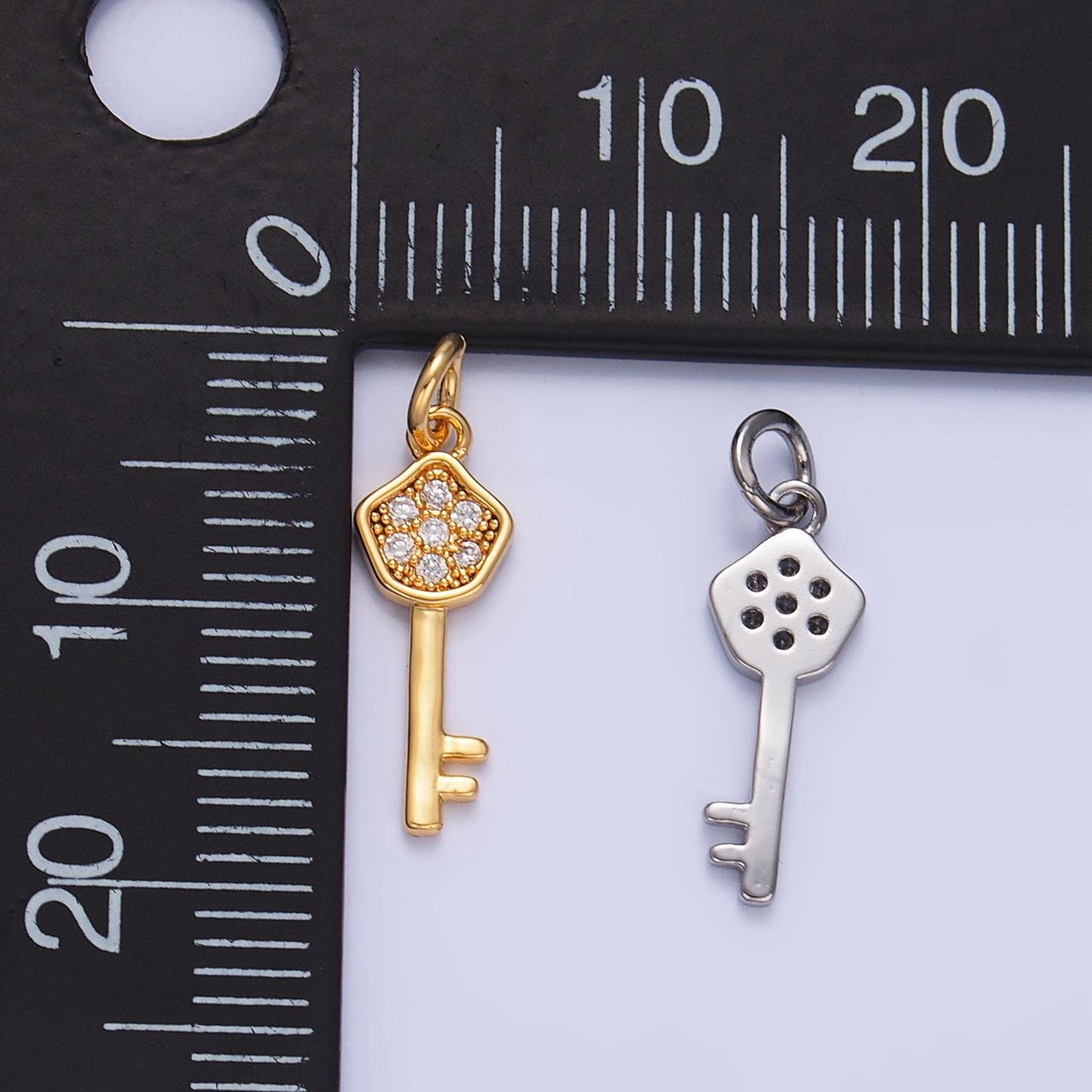 24K Gold Filled clear CZ Lock Key Charm Silver Key Mini Charm | W135