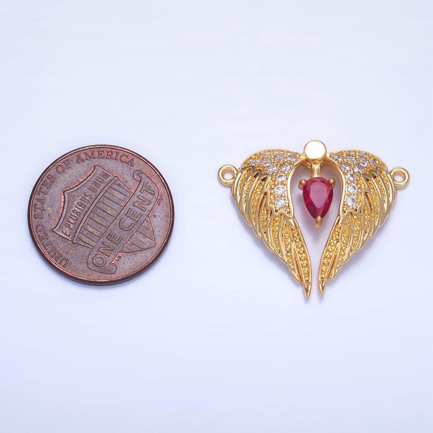 Pink Tear Drop CZ Micro Paved Angel Wings 24K Gold Filled Moveable Charm Connector | F-712