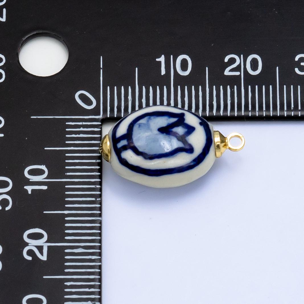 Dainty Oval Ceramic Charm Handmade Blue Tulip Painting Ceramic Porcelain Vintage Charm For Necklace Bracelet Jewelry Making Supply W075