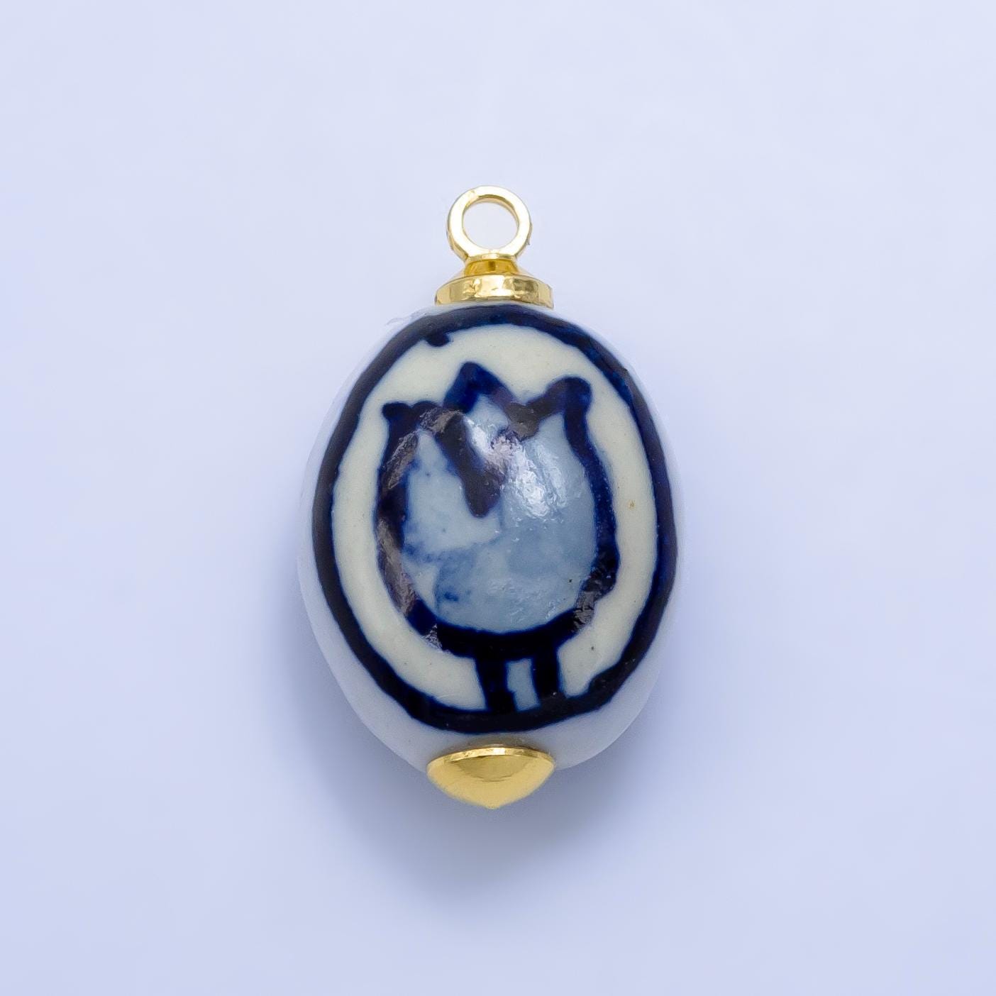 Dainty Oval Ceramic Charm Handmade Blue Tulip Painting Ceramic Porcelain Vintage Charm For Necklace Bracelet Jewelry Making Supply W075