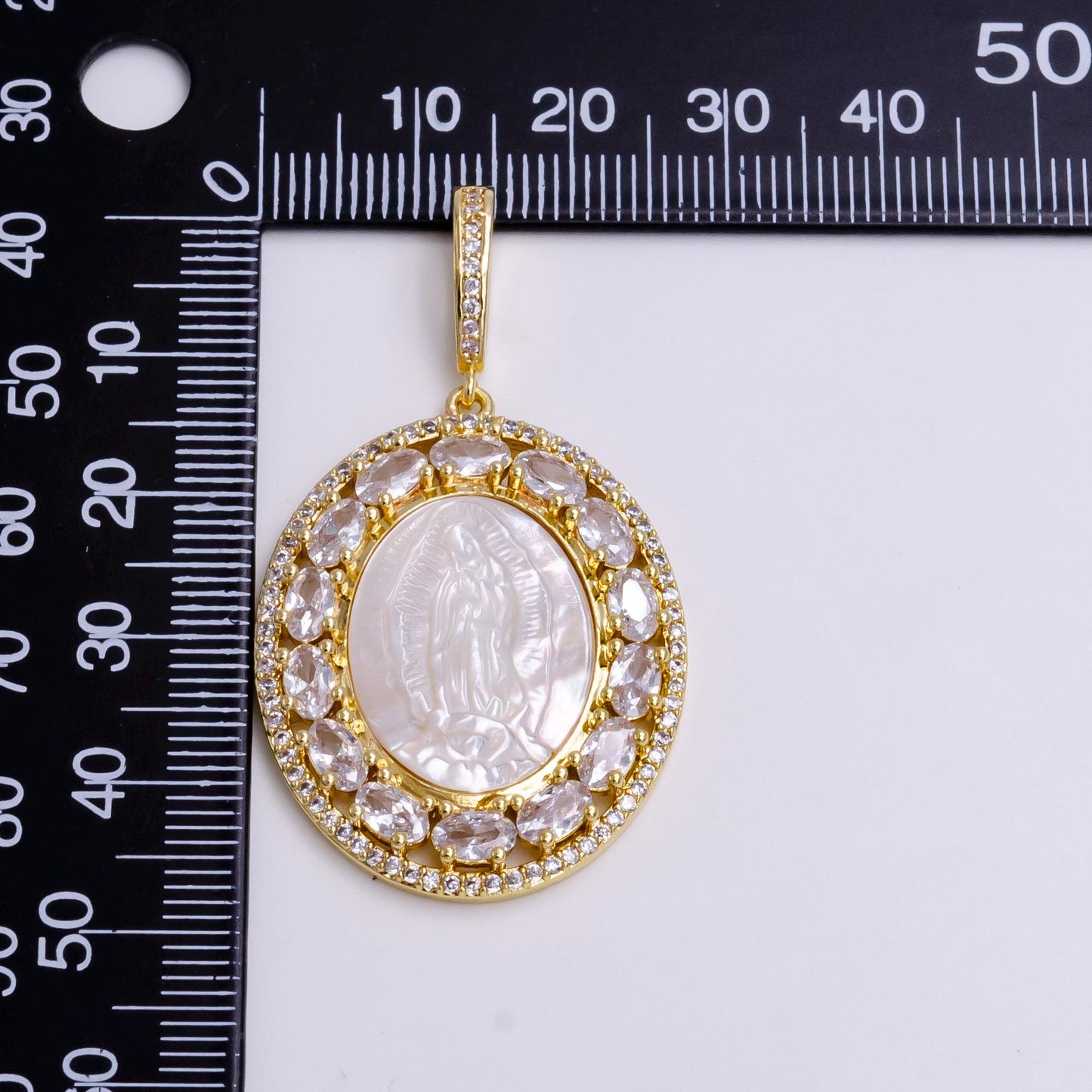 14K Gold Filled Lady Guadalupe Shell Pearl Baguette Outlined Oval Religious Pendant | AA745