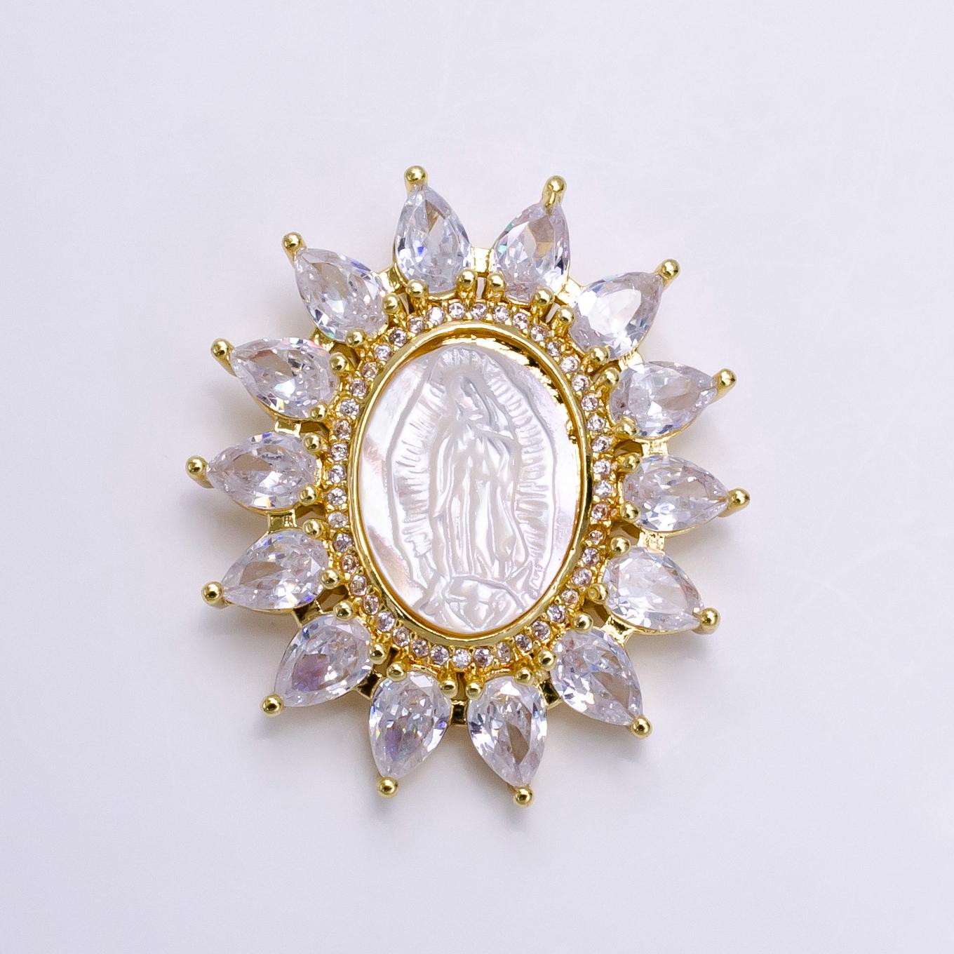 Sun Flower Gold Filled Virgin Mary Pendant Pearl Lady Guadalupe Medallion Charm Necklace Clear Cubic Micro Pave Cz for Religious jewelry