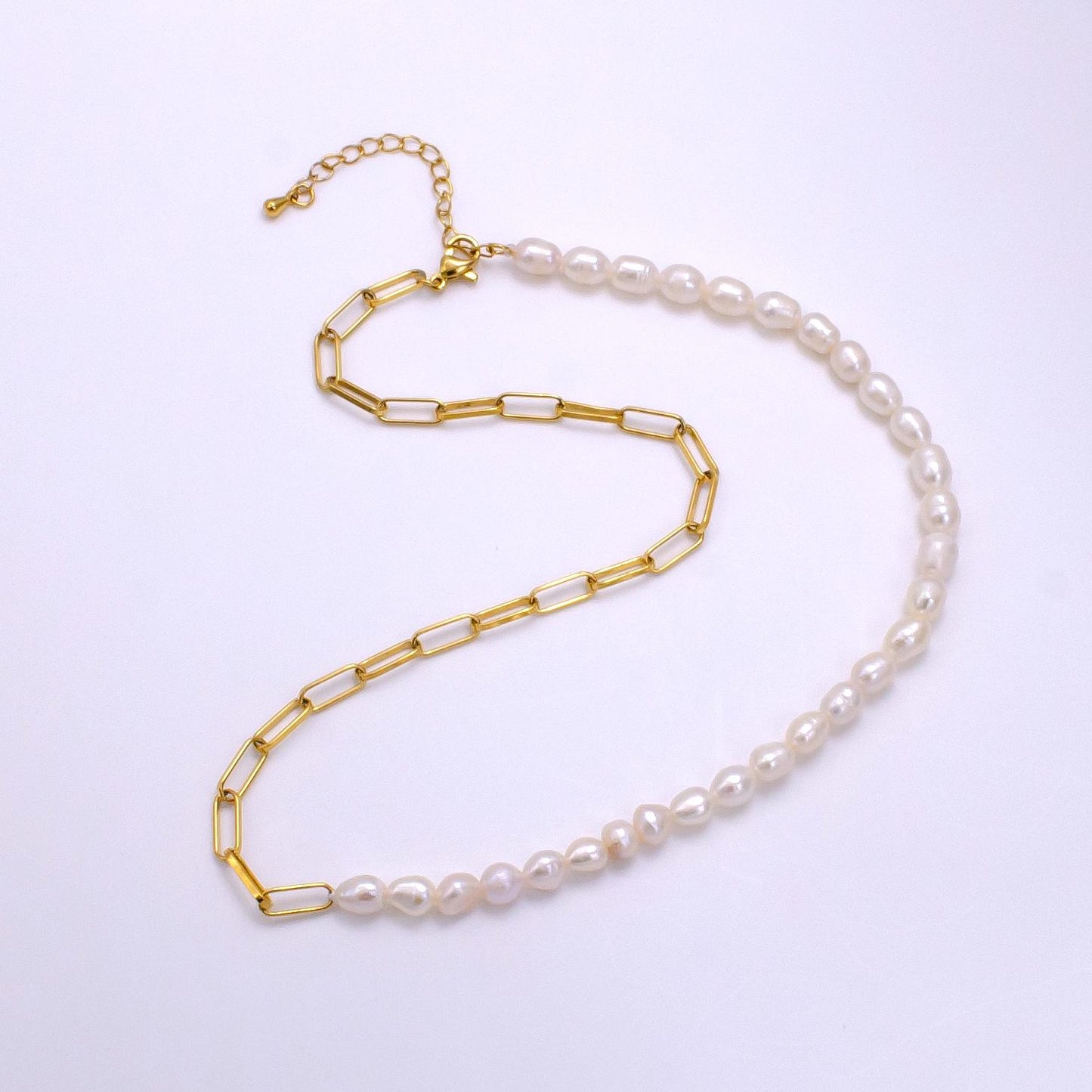 Mix Pearl chain necklace in 14k gold filled Layer Necklace Gold Paper Clip chain with White Freshwater Pearl WA-2324