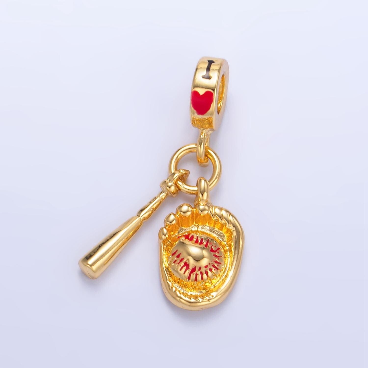 24k Gold Filled Baseball Glove Baseball Bat Rondelle Drop I Heart Baseball Sports Charm | W-119