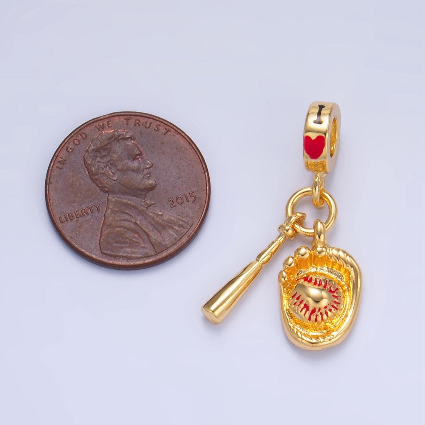 24k Gold Filled Baseball Glove Baseball Bat Rondelle Drop I Heart Baseball Sports Charm | W-119