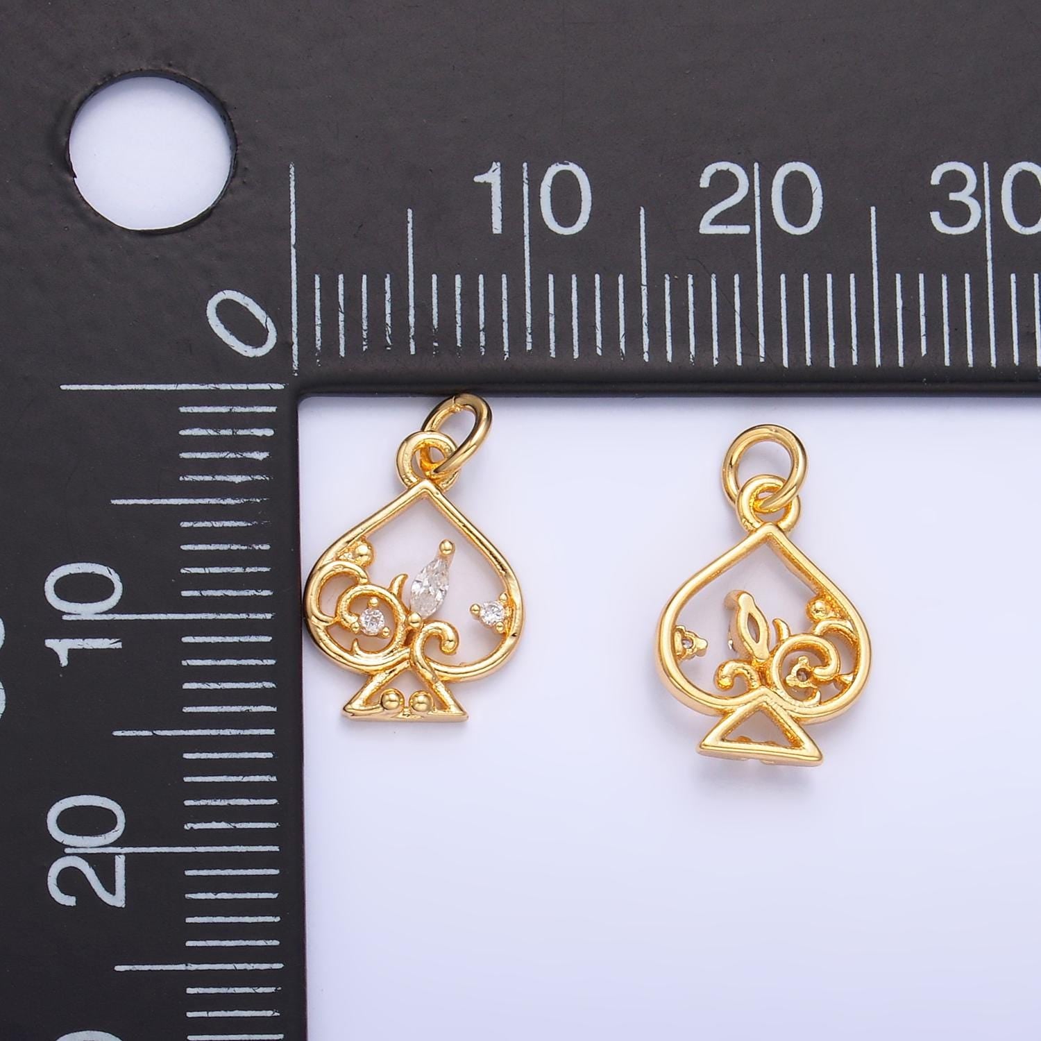 Mini Spades Charm in 24K Gold Filled Charm Small Cz Swirl Spades Monogram Pendant Charm W209