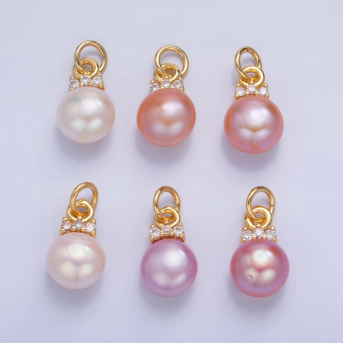 14K Gold Filled Charm White, Pink, Purple Pearl Button Round Charm With Micro Paved CZ Pendant | P1920