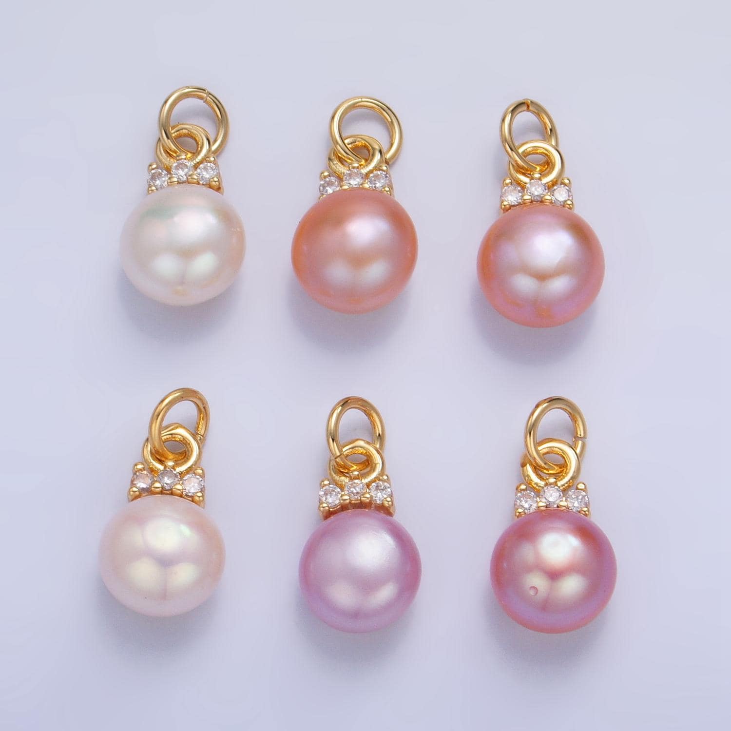14K Gold Filled Charm White, Pink, Purple Pearl Button Round Charm With Micro Paved CZ Pendant | P1920