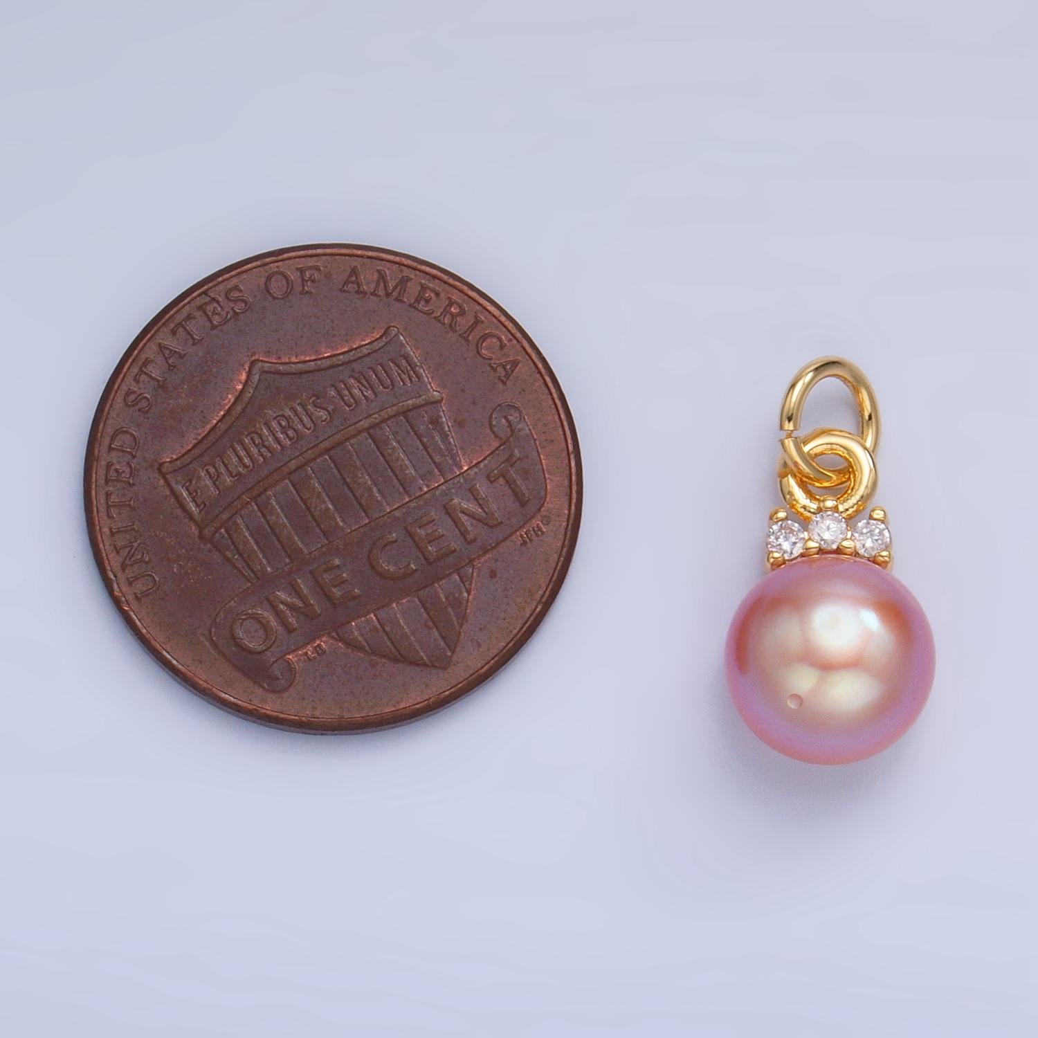 14K Gold Filled Charm White, Pink, Purple Pearl Button Round Charm With Micro Paved CZ Pendant | P1920