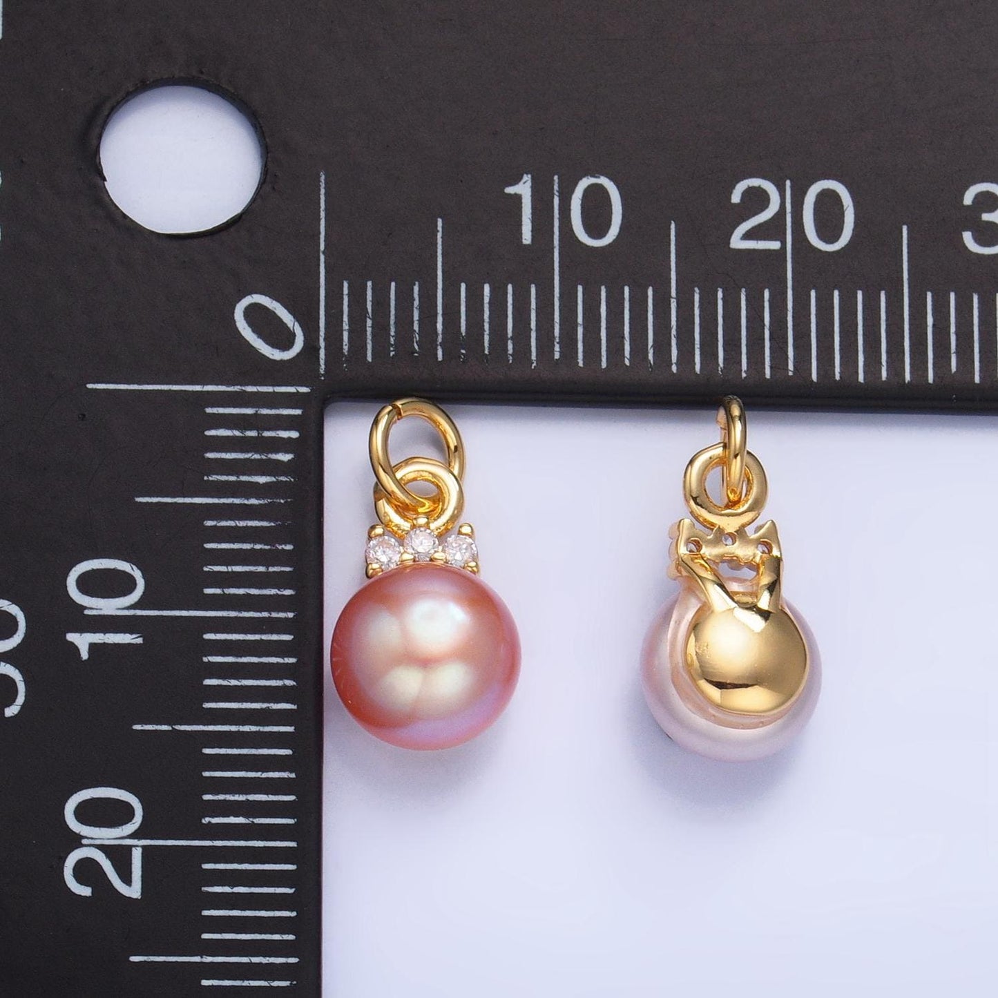 14K Gold Filled Charm White, Pink, Purple Pearl Button Round Charm With Micro Paved CZ Pendant | P1920