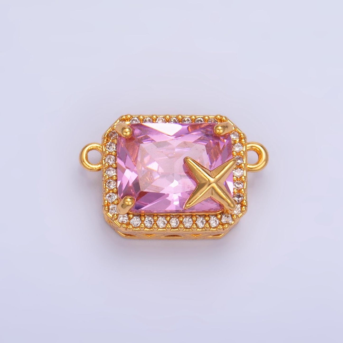 CZ Micro Paved Pink Baguette Celestial Star 24K Gold Filled Charm Connector | F-732
