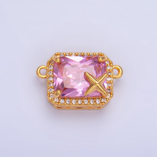 CZ Micro Paved Pink Baguette Celestial Star 24K Gold Filled Charm Connector | F-732