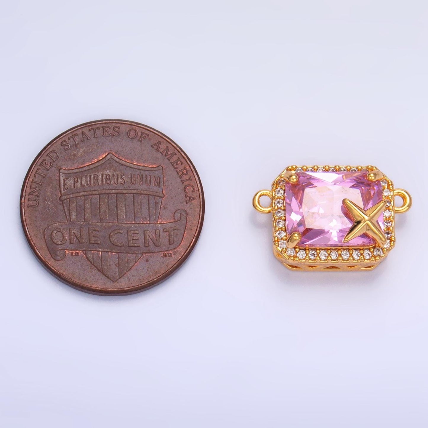 CZ Micro Paved Pink Baguette Celestial Star 24K Gold Filled Charm Connector | F-732