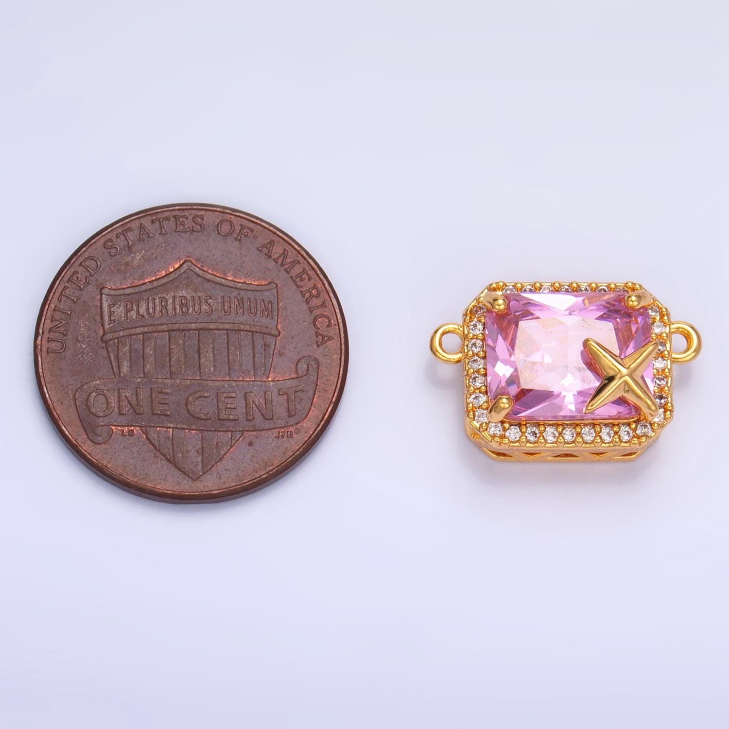CZ Micro Paved Pink Baguette Celestial Star 24K Gold Filled Charm Connector | F-732