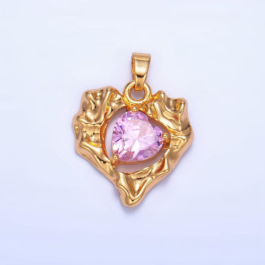 Rustic Heart Charm 24k Gold Filled Pink Cubic Heart Charm Valentine Heart Charms Love Jewelry Pendants Necklace Bracelet Charms AA1024