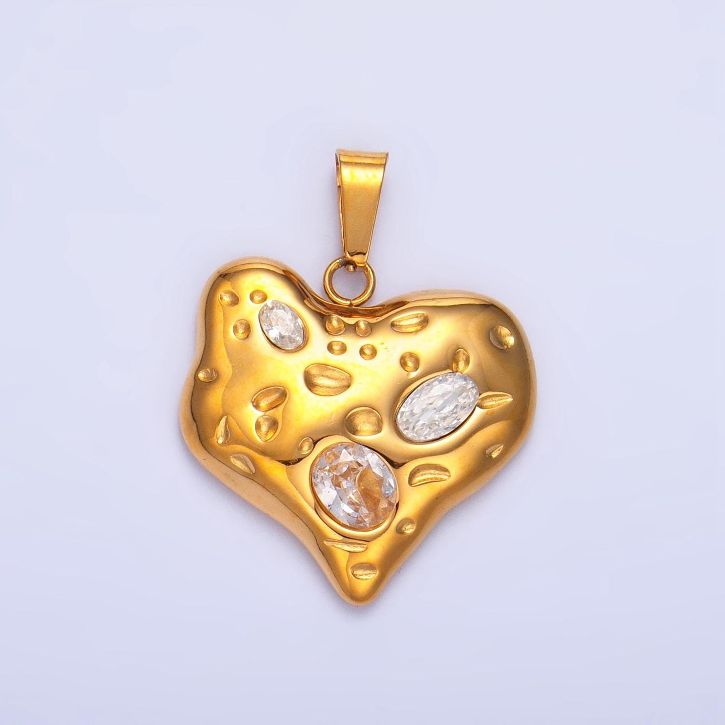 Clear CZ Hammered 24K Gold Filled Stainless Steel Dotted Textured Heart Pendant | P-1544