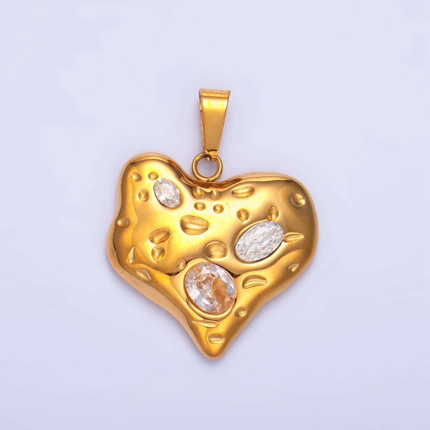 Clear CZ Hammered 24K Gold Filled Stainless Steel Dotted Textured Heart Pendant | P-1544