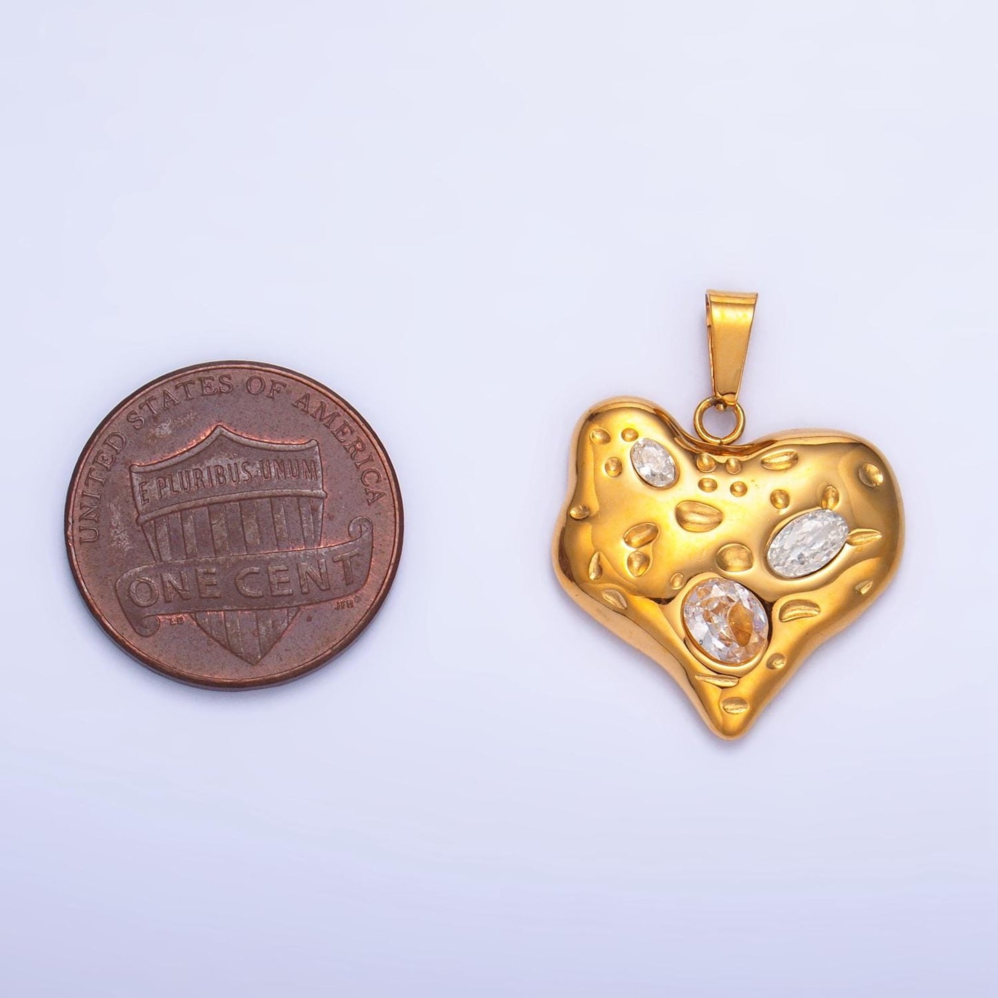 Clear CZ Hammered 24K Gold Filled Stainless Steel Dotted Textured Heart Pendant | P-1544