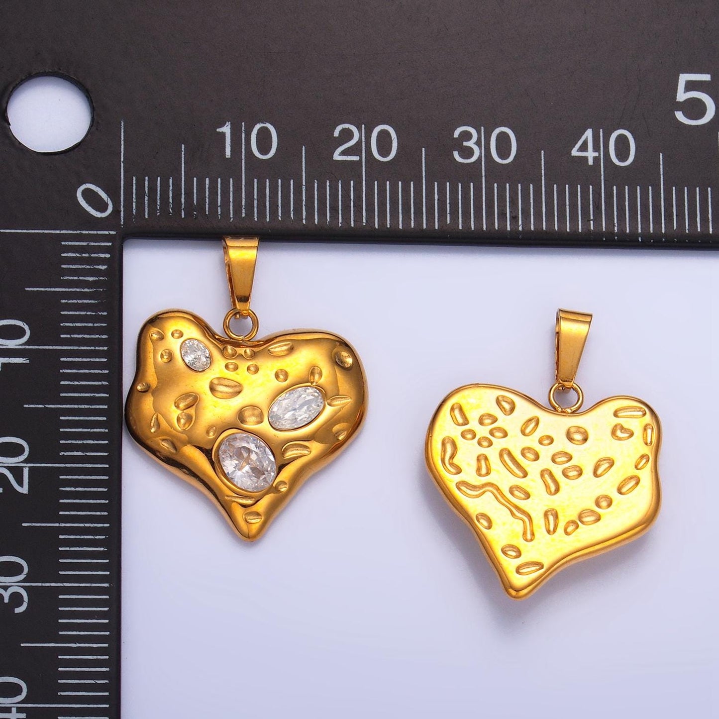 Clear CZ Hammered 24K Gold Filled Stainless Steel Dotted Textured Heart Pendant | P-1544
