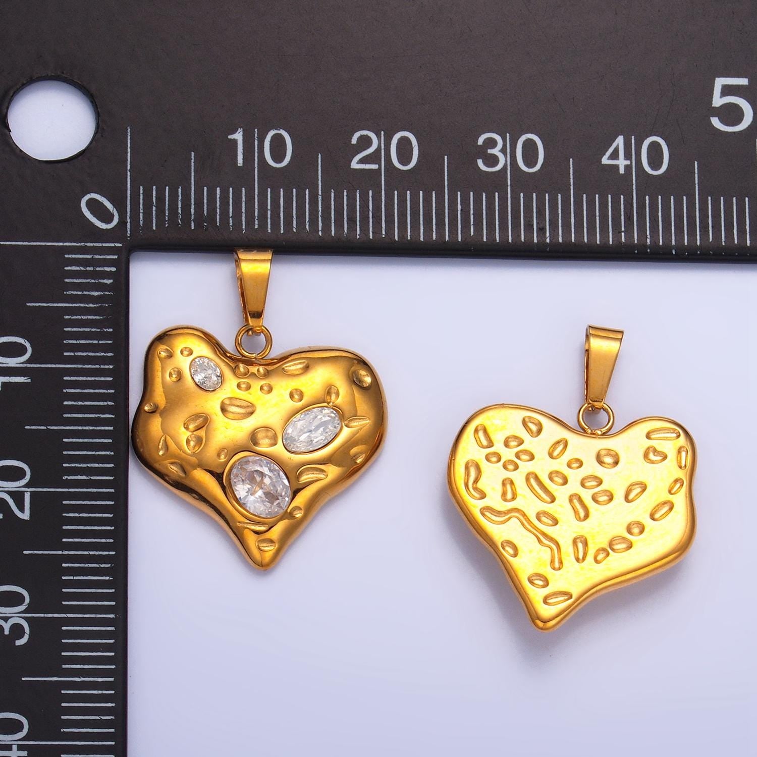 Clear CZ Hammered 24K Gold Filled Stainless Steel Dotted Textured Heart Pendant | P-1544