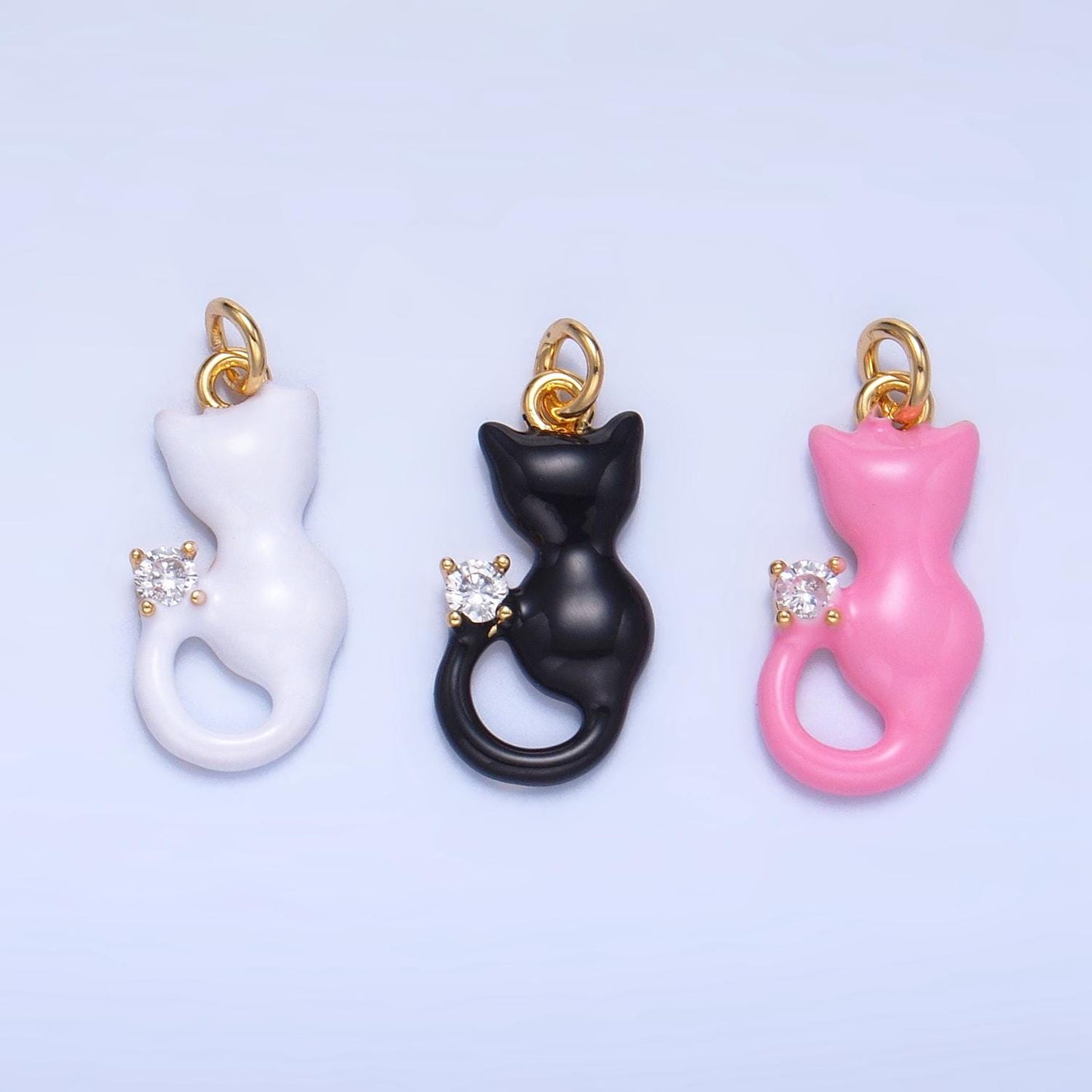 CZ Enamel White, Black, Pink Cat Animal 24K Gold Filled Charm for Cat Lovers | W-009 - W-010