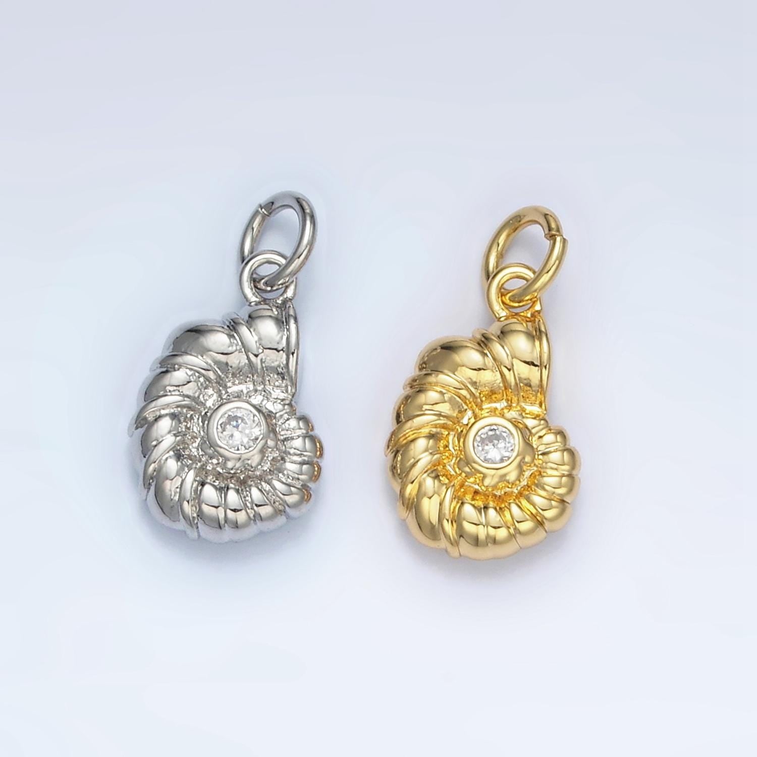 24K Gold Filled Ammonite Sea Shell CZ in Silver & Gold Snail Shell Charm | AG-865