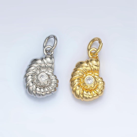 24K Gold Filled Ammonite Sea Shell CZ in Silver & Gold Snail Shell Charm | AG-865
