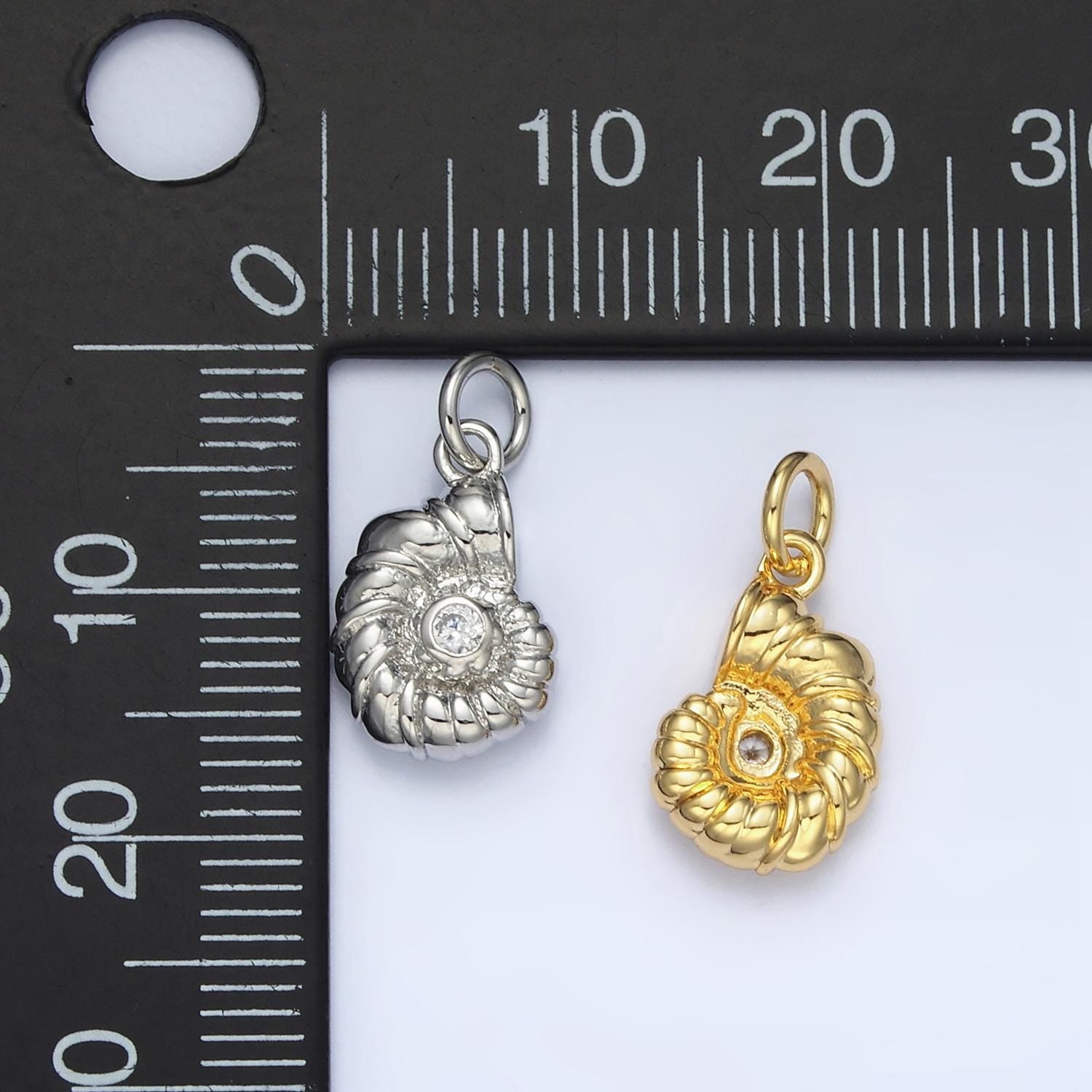 24K Gold Filled Ammonite Sea Shell CZ in Silver & Gold Snail Shell Charm | AG-865