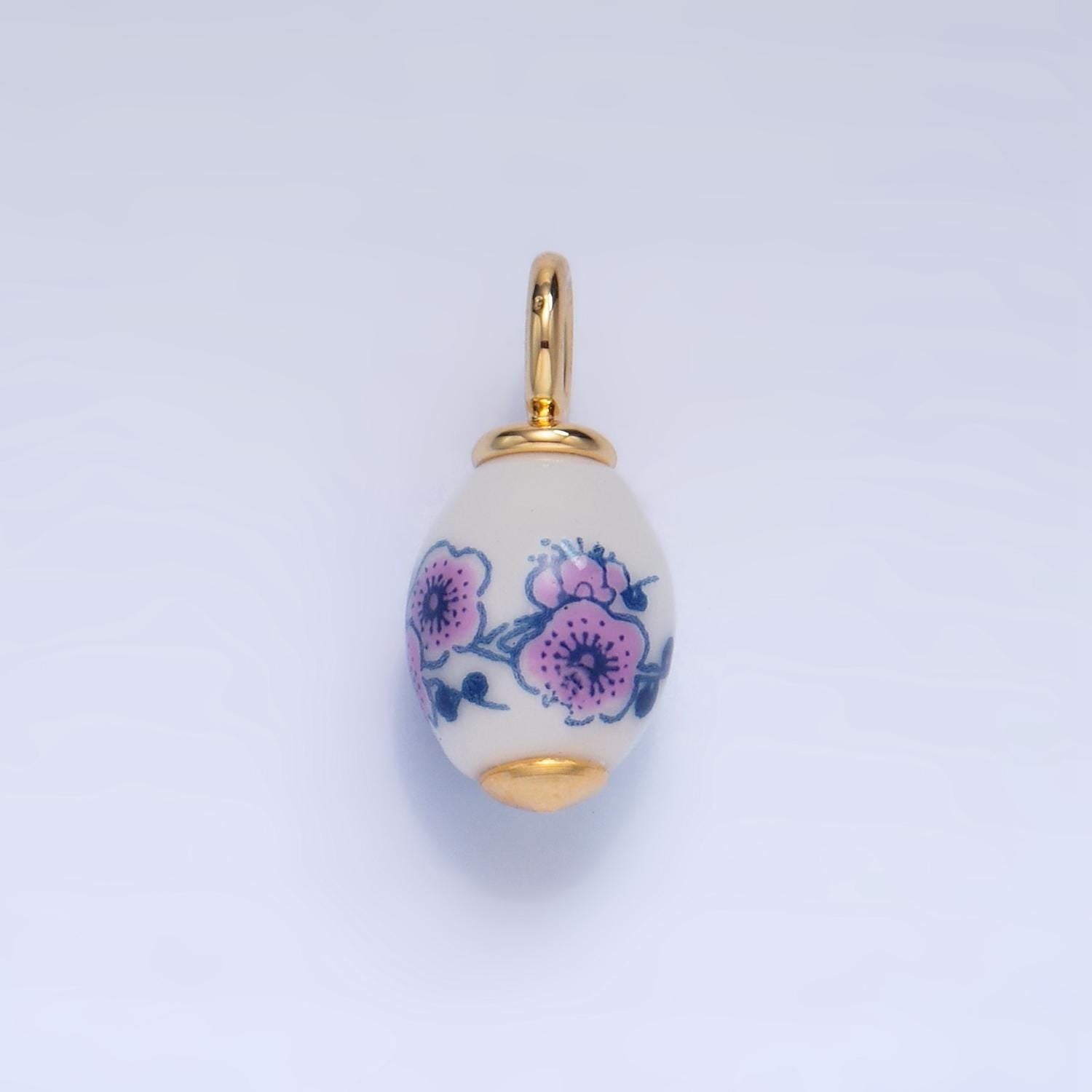 Dainty Oval Ceramic Charm Handmade Purple Flower Painting Ceramic Porcelain Vintage Charm For Necklace Bracelet Jewelry Making Supply W122