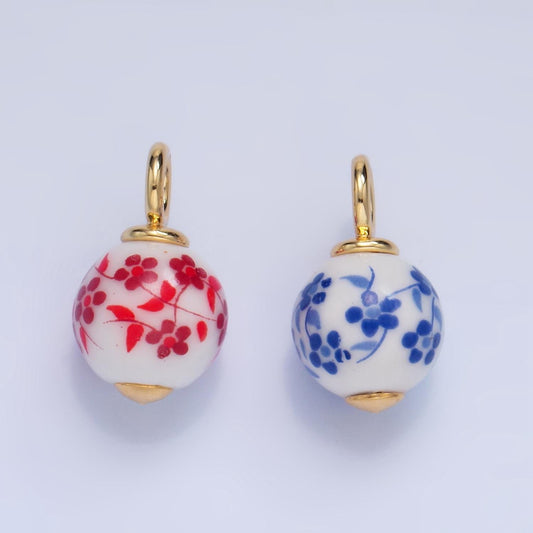 Dainty Round Ceramic Charm Handmade Blue Red Sakura Painting Porcelain Vintage Charm For Necklace Bracelet Jewelry Making Supply W123