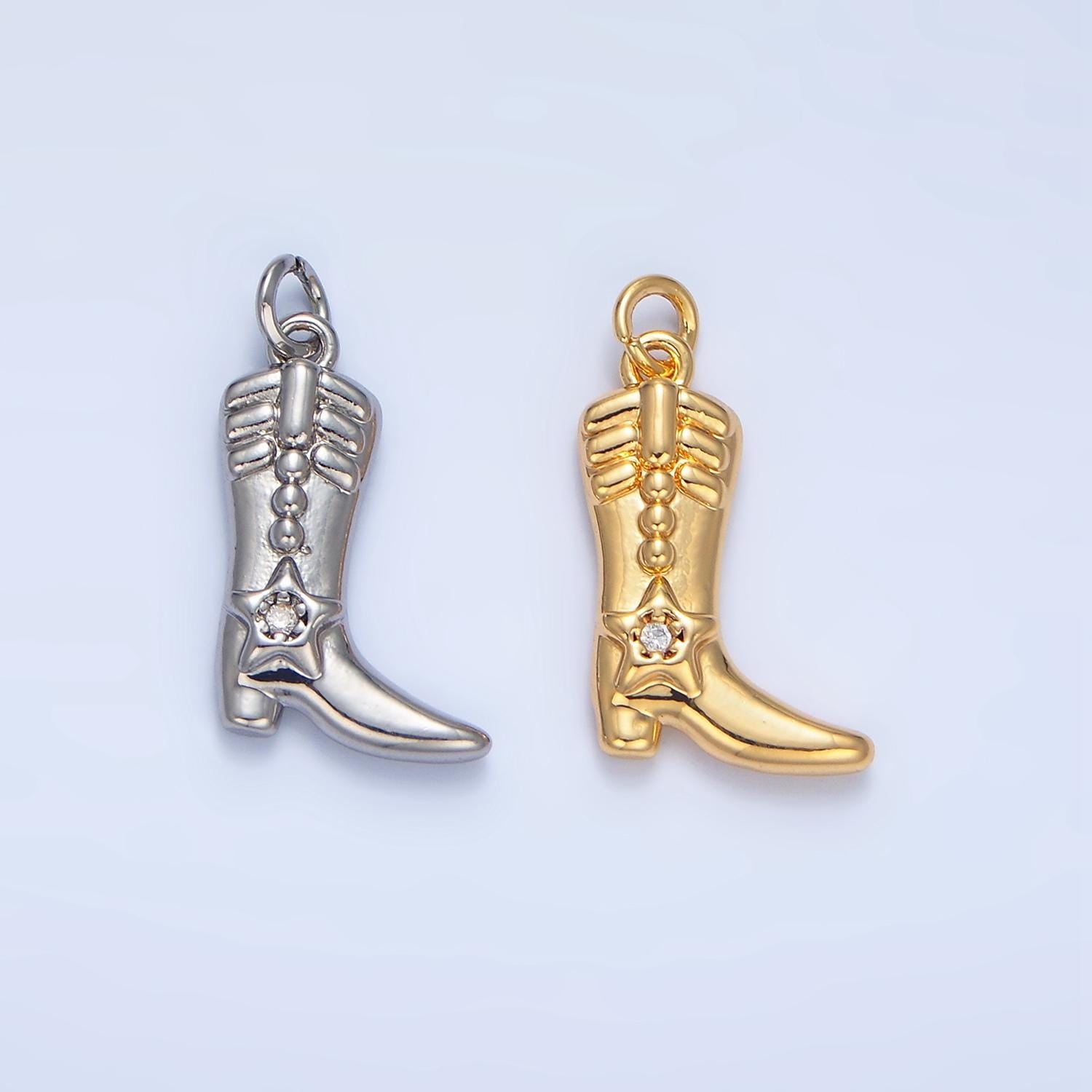 CZ High Heel Celestial Star Cowboy Boot 24K Gold Filled Shoe Charm in Gold & Silver | W-079