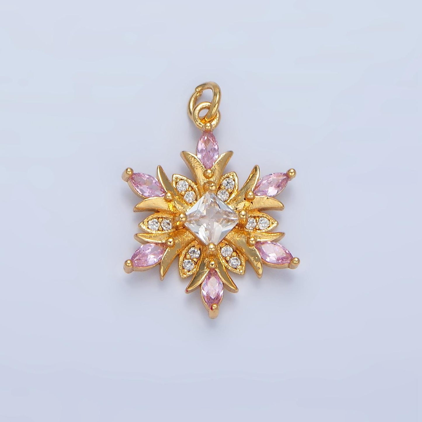 Micro Paved Clear, Pink CZ Floral Flower 24K Gold Filled Charm | W-081