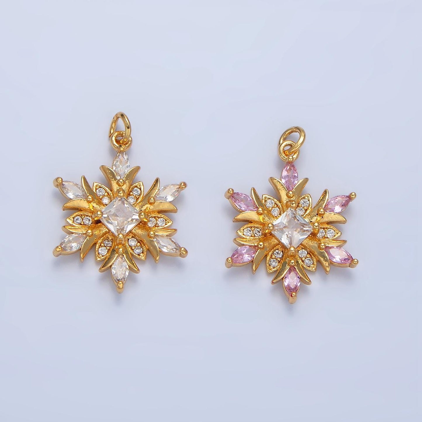 Micro Paved Clear, Pink CZ Floral Flower 24K Gold Filled Charm | W-081