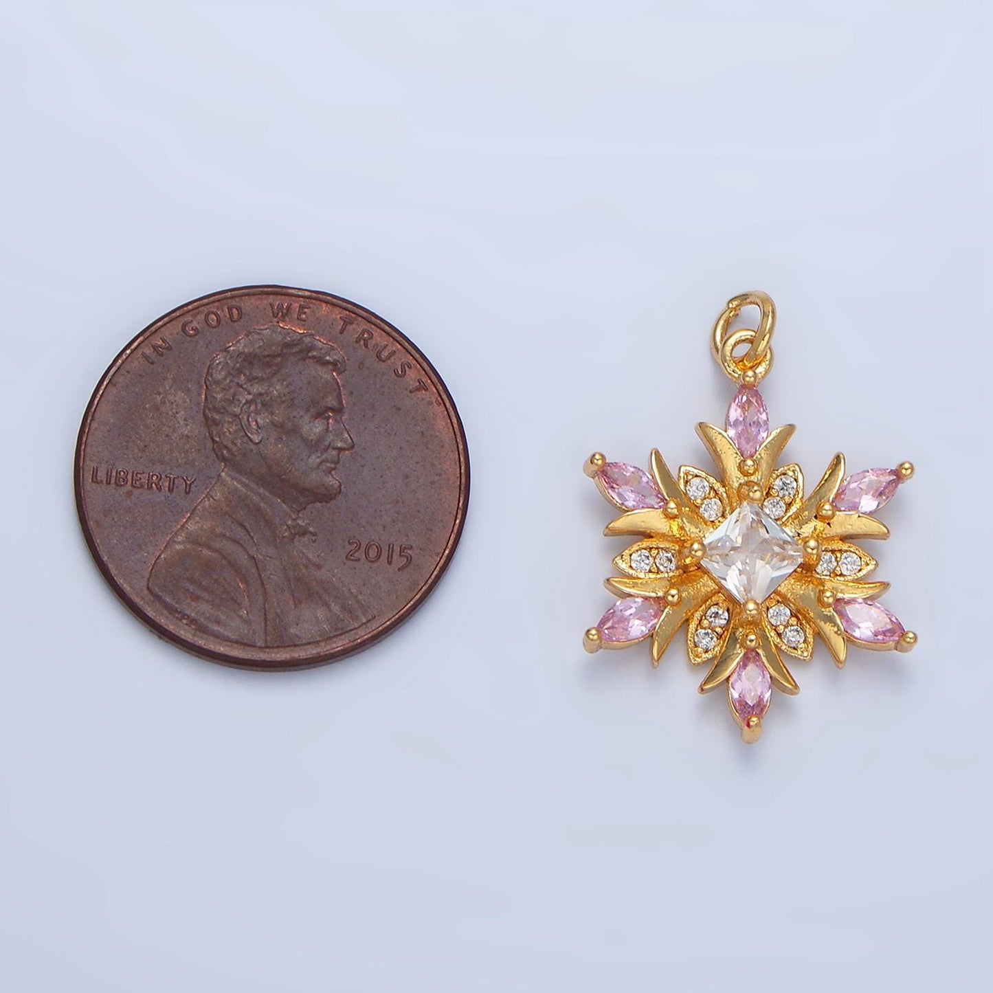 Micro Paved Clear, Pink CZ Floral Flower 24K Gold Filled Charm | W-081