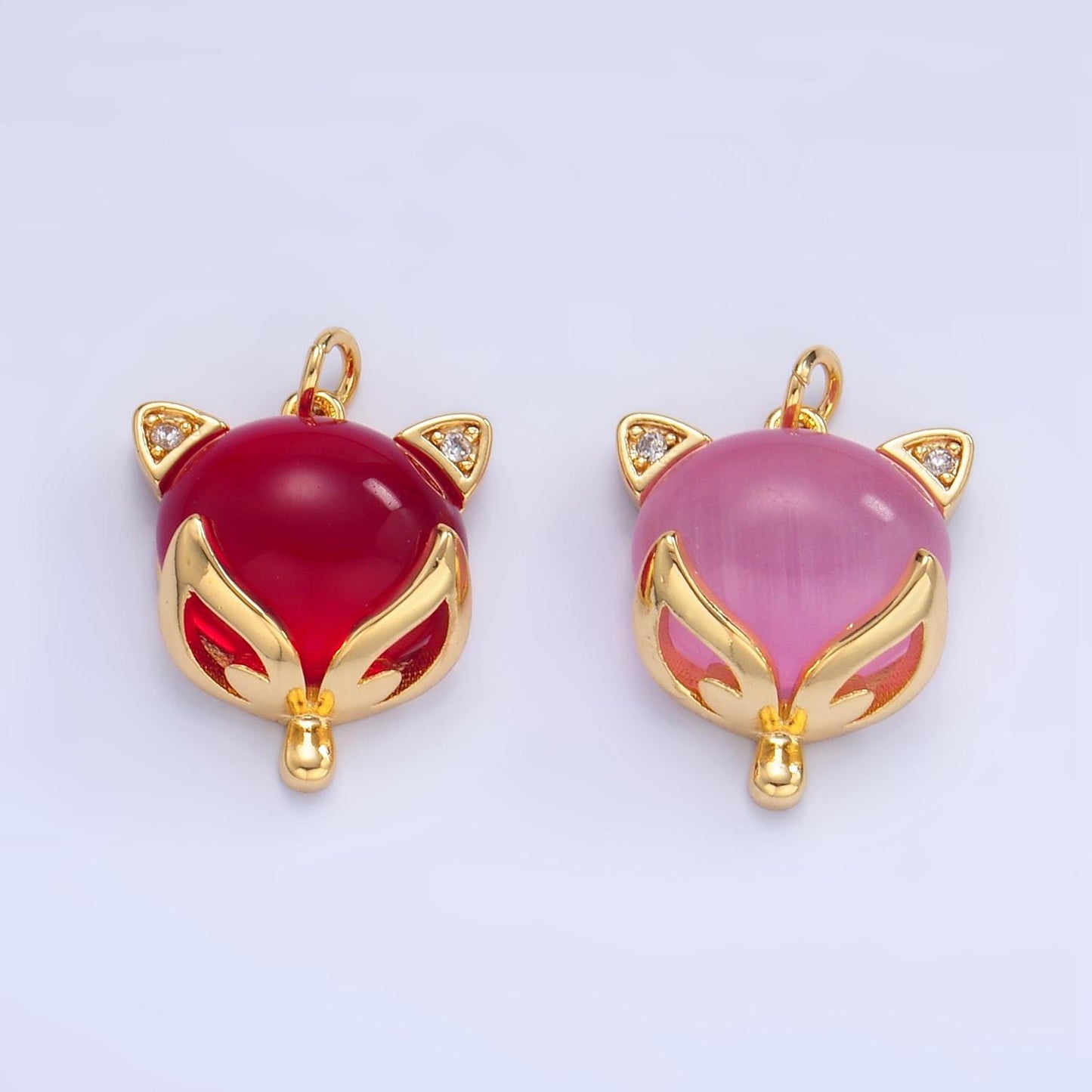 CZ Micro Paved Red, Pink Cats Eye Gemstone 24K Gold Filled Cat Animal Charm | W-108