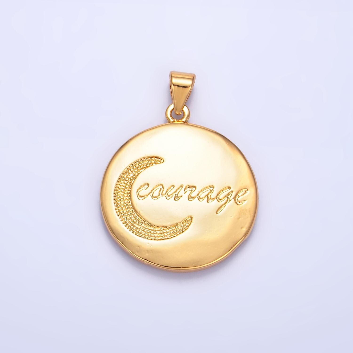 Crescent Moon "Courage" Scripted Word & Sunrise 24K Gold Filled Double Sided Pendant | AA-1033