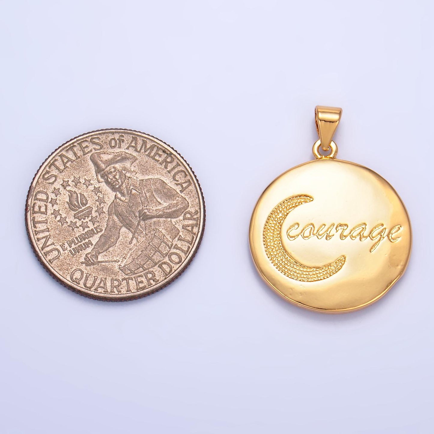 Crescent Moon "Courage" Scripted Word & Sunrise 24K Gold Filled Double Sided Pendant | AA-1033