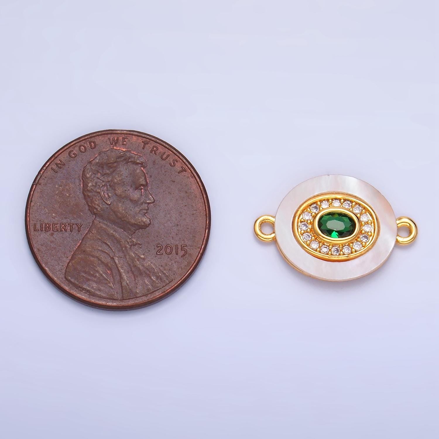 Colorful CZ Evil Eye Freshwater Pearl Gold Bezel Connector, Evil Eye Oval Shaped Gold Filled Double Bail Link Connector | F823