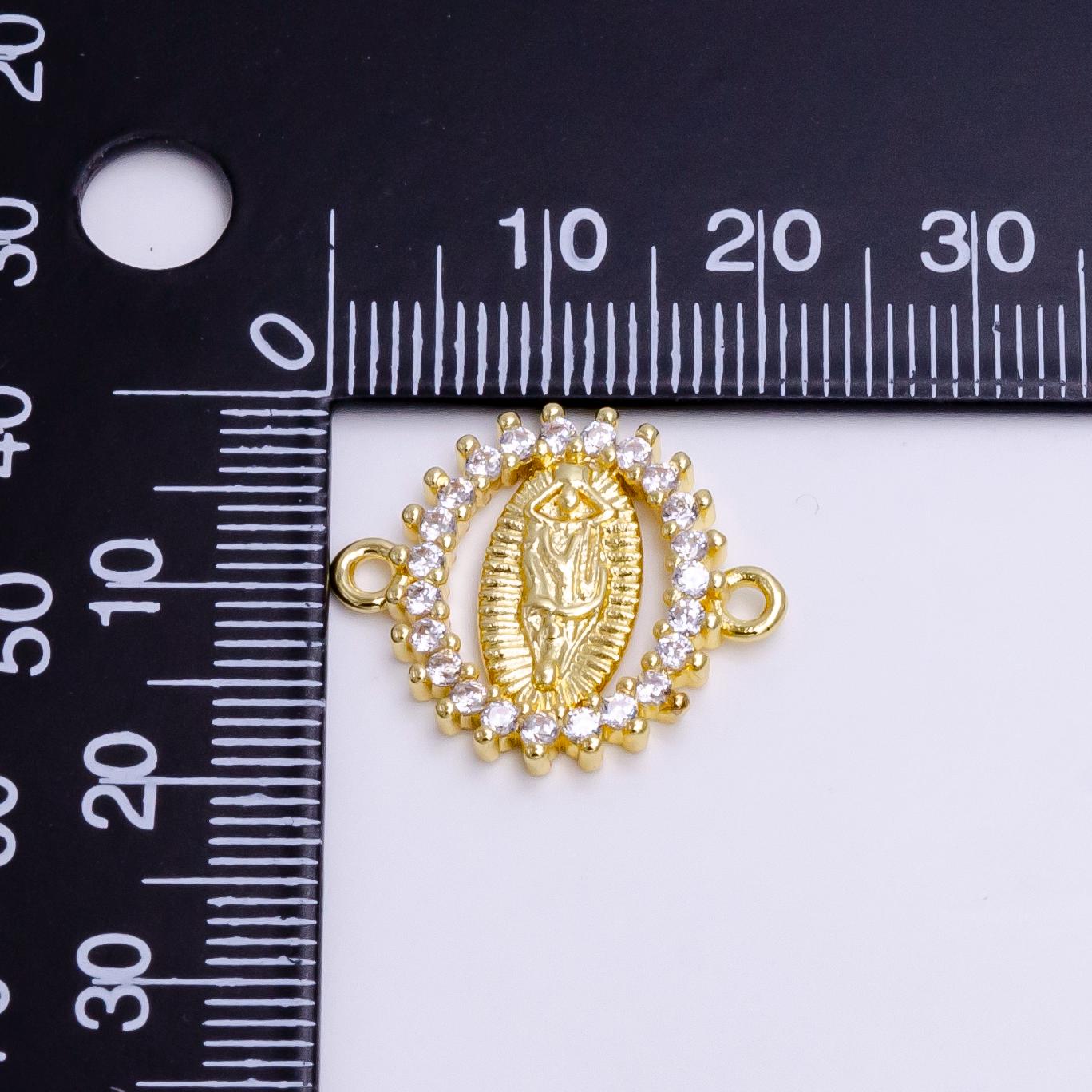 Gold Oval Virgin Mary Charm Connector, 24K Gold Filled Clear Micro Pave CZ Oval Lady of Guadalupe Religious Medallion Link Connector | G-155