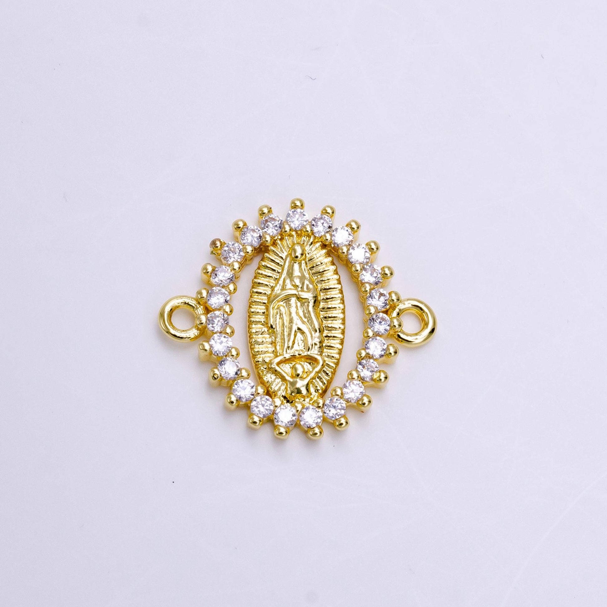 Gold Oval Virgin Mary Charm Connector, 24K Gold Filled Clear Micro Pave CZ Oval Lady of Guadalupe Religious Medallion Link Connector | G-155