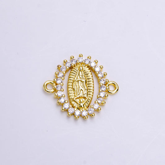 Gold Oval Virgin Mary Charm Connector, 24K Gold Filled Clear Micro Pave CZ Oval Lady of Guadalupe Religious Medallion Link Connector | G-155