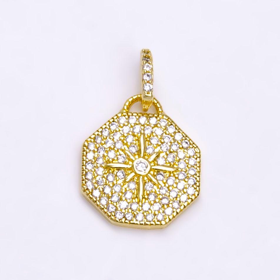 14K Gold Filled 21mm North Star Clear CZ Micro Paved Hexagonal Pendant | AA742